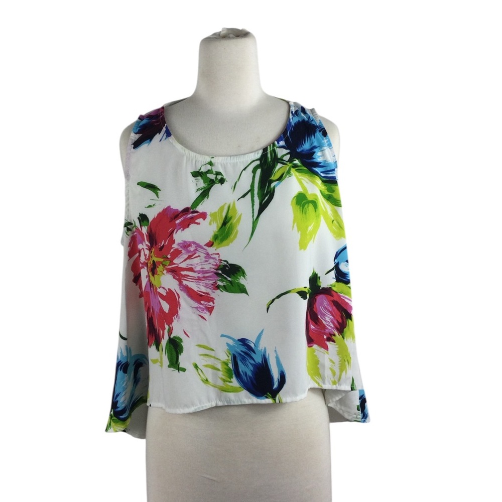 Peach Love Bright Floral Sleeveless Blouse, Size medium